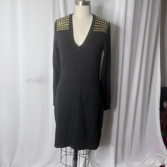 Michael Kors Studded Shoulder V-neck Black Sweater Dress Medium - Picture 1 of 5